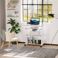 HOMCOM Compact Computer Desk with Keyboard Tray and Wheels, Mobile Home Office Desk for Small Spaces with Sliding Tempered Glass Shelf, White(m-10)