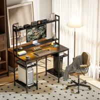 HOMCOM Computer Desk with Power Outlets and LED Lights, Home Office Desk with Monitor Stand, 2 CPU Stands and Storage Shelves, Study Table Gaming Desk with Hutch, Black(m-9)