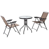 Outsunny Ensemble de Jardin 3 pièces 2 chaises inclinables Multi-Positions Pliables + Table Ronde Verre trempé métal textilène Chocolat(m-10)