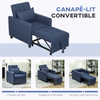 HOMCOM Fauteuil convertible 1 place avec dossier inclinable à 3 positions, coussin, siège rembourré et accoudoirs, bleu(m-4)