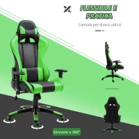 HOMCOM Sedia Gaming Professionale con Altezza Regolabile, Sedia da Ufficio Girevole e Reclinabile, con Sostegno Lombare e Collo, 67x67x123-132 cm, Nera e Verde(m-7)
