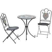 Outsunny Set da Giardino 3 Pezzi, 2 Sedie Pieghevoli e 1 Tavolo, Design a Mosaico, Grigio(m-1)