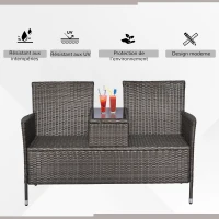 Outsunny Banc de jardin design contemporain 133L x 63l x 84H cm banc double chaise avec coussins assise + tablette intégrée résine tressée grise polyester crème(m-4)