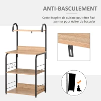 HOMCOM Étagère de cuisine - étagère micro-onde - meuble micro-onde - 3 étagères, plateau, crochets - aspect effet bois naturel châssis acier noir(m-6)