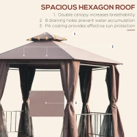 Outsunny 3 x 3(m) Hexagon Gazebo Patio Canopy Party Tent Outdoor Garden Shelter w/ 2 Tier Roof & Side Panel - Brown(m-4)