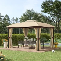 Outsunny 4 x 3(m) Patio Metal Gazebo, Garden Canopy Shelter with Double Tier Roof, Removable Netting and Curtains Marquee Tent, Khaki(m-10)
