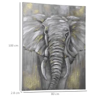 HOMCOM Hand-Painted Metal Canvas Wall Art Grey African Elephant, Wall Pictures for Living Room Bedroom Decor, 100 x 80 cm(m-3)