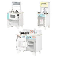 HOMCOM Three Kids Wooden Toy Kitchen Play Cooking Sets Pretend Role Playsets, with Sink, Telephone, Storage Basket, Cooking Bench, for 3-6 Years Old(m-11)