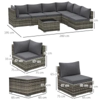 Outsunny 7 Pieces Outdoor PE Rattan Corner Sofa Set, Patio Wicker Conversation Chaise Lounge Furniture w/ Tempered Glass Table-top & Soft Padded Cushion for Garden, Backyard, Lawn, Dark Grey(m-3)