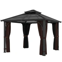 Outsunny 3 x 3(m) Hardtop Gazebo Canopy with 7mm Double Polycarbonate Roof, Garden Gazebo Permanent Pavilion with Mosquito Netting and Curtains for Patio, Deck, Brown(m-11)