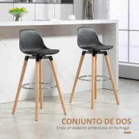 HOMCOM Juego de 2 Taburetes Altos de Cocina 69 cm Tapizado en PU con Respaldo Patas de Madera para Comedor Negro(m-4)