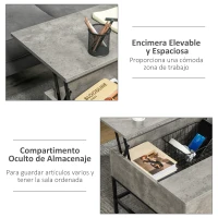 HOMCOM Mesa de Centro Elevable con Espacio de Almacenaje Oculto para Salón Comedor 90x60,5x45,5 cm Gris Cemento(m-6)