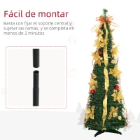 HOMCOM Árbol de Navidad Plegable con Luces LED en Blanco Cálido y Adornos Pre-instalados para Interior Ø60x180 cm Verde(m-5)