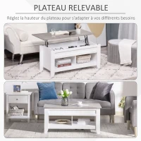 HOMCOM Table basse plateau relevable, table de salon avec étagères et compartiment caché,105 x 50 x 49-62,5 cm pour salon, chambre, aspect marbre gris(m-5)