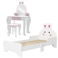 ZONEKIZ Wooden Kids Bedroom Furniture Set with Kids Dressing Table, Stool, Bed, for 3-6 Years, Bunny-Design(m-11)