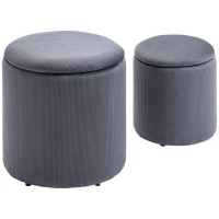 HOMCOM Set of 2 Round Ottoman with Storage, Fabric Vanity Stool for Makeup, Footrest Stool with Removable Lid for Living Room & Bedroom, Grey(m-10)