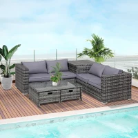Outsunny 4 Pcs Rattan Wicker Garden Furniture Patio Sofa Storage & Table Set w/ 2 Drawers Coffee Table,Great Cushioned 4 Seats Corner Sofa - Grey(m-2)