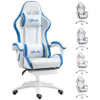 Vinsetto Computer Gaming Chair, PU Leather Office Desk Chair with Footrest, Swivel Wheels, 135° Reclining Back, Lumbar Support, Headrest for Home, White and Blue(m-10)