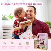 HOMCOM Casa de Muñecas con 13pcs 60x30x71,5 cm Muebles Mobiliario Casita Muñeca Juguete Madera 3 Pisos Casa de Juguete Bella de Madera Rosa(m-7)