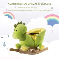 HOMCOM Jouet à Bascule Dinosaure Ceinture de sécurité Effet sonore 32 chansons pour enfants de 18+ Mois Bois Peluche Verte(m-5)