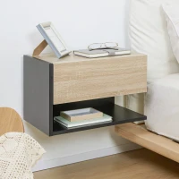 HOMCOM Juego de 2 Mesitas de Noche Flotantes Mesitas de Noche Colgantes con 1 Cajón y Estante Abierto 46x30x30cm Roble y Negro(m-8)