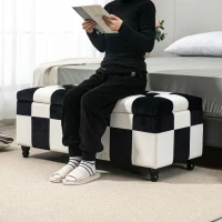 HOMCOM Storage Ottoman, Storage Bench with Wood Legs, Footstool, Footrest with Velvet Surface for Bedroom, Hallway, Living Room, 114 x 47 x 47 cm, White and Black(m-7)