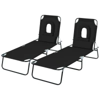 Outsunny Lot de 2 Bains de Soleil Pliable transat inclinable 4 Positions Chaise Longue de Lecture 3 Coussins fournis Noir(m-10)