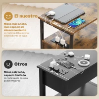 HOMCOM Mesa Auxiliar con Estación de Carga y Toma de Corriente Mesita de Noche con Cajones y Estantería Abierta Marrón Rústico(m-8)