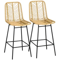 HOMCOM Lot de 2 tabourets de bar design bohème Hauteur 66 cm avec repose-pieds métal et rotin PE - naturel(m-1)