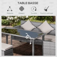 Outsunny Salon de jardin 6 pers. grand confort canapé d'angle + 2 poufs + table à manger 9 coussins assise & dossier fournis résine tressée grise(m-7)