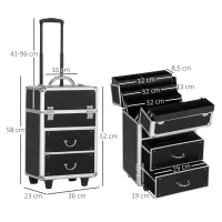 HOMCOM Valise trolley maquillage mallette cosmétique vanity poignée télescopique réglable 36L x 23l x 58H cm alu ABS noir(m-3)