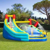 Outsunny Kids Bouncy Castle Water Slide 5 in 1 Inflatable Bounce House Jumping Castle Water Pool Gun Climbing Wall with Air Blower for Kids Age 3-8, 3.85 x 3.65 x 2m(m-2)