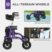 HOMCOM Folding Rollator Walker with Seat, Backrest, Lightweight Walking Frame with Storage Bag, Dual Brakes, All-terrain Wheels, Adjustable Handle Height, 4 Wheeled Walker for Seniors, Purple(m-5)