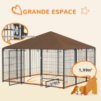 PawHut Chenil extérieur pour chiens en acier et tissu Oxford avec support gamelle toit 211 x 211 x 151 cm noir et café(m-8)