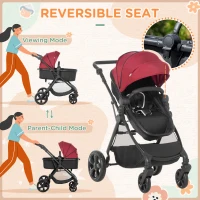 HOMCOM Foldable Baby Stoller, with Reclining Backrest, Adjustable Canopy, for Ages 0-36 Months - Red(m-4)