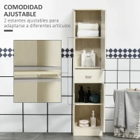HOMCOM Armario Alto de Baño Mueble Auxiliar con 1 Cajón 2 Puertas y Estantes Interiores Ajustables 34x34x150cm Natural(m-5)