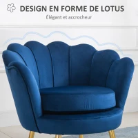 HOMCOM Fauteuil salon fauteuil en velours fauteuil coquillage avec pieds en métal doré pour chambre à coucher, bleu(m-4)