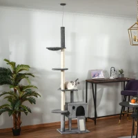 PawHut 270cm Floor To Ceiling Cat Tree Cat House Scratching Post for Indoor Cats Hammock Hanging Ball Activity Center Grey(m-2)
