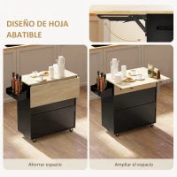 HOMCOM Isla de Cocina con Ala Abatible 2 Puertas Cajón Especiero Toallero y Estante Ajustable 106x42x87 cm Negro y Roble(m-4)