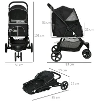 PawHut Poussette pour chien chat animaux de compagnie pliable 2 laisses roues EVA guidon réglable panier 83 x 55 x 101 cm noir(m-3)