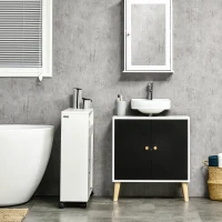 kleankin Modern Bathroom Sink Cabinet, Under Sink Storage Cabinet, with Adjustable Shelf and Solid Wood Legs, Black and White(m-10)