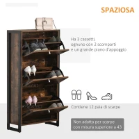 HOMCOM Mobile Scarpiera Salvaspazio Stile Industriale per 12 Paia di Scarpe, Legno e Metallo, 60x24x115cm Marrone e Nero(m-4)