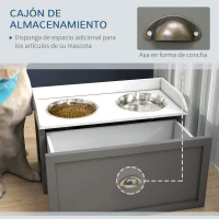 PawHut Comedero Elevado para Perros Grandes con 2 Cuencos de 2000 ml de Acero Inoxidable y 1 Cajón 63x30x36 cm Gris y Blanco(m-5)