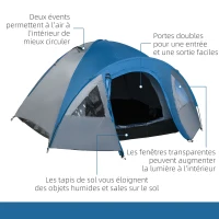 Outsunny Tente de camping familiale 4-5 personnes tente dôme étanche légère, ventilée facile à monter double porte et fenêtres dim. 3L x 2,50l x 1,30H m fibre verre polyester bleu marine(m-7)