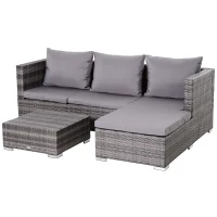 Outsunny 3PC Rattan Garden Furniture Storage Sofa Set 4 Seater Wicker Coffee Table Conservatory Sun Lounger Reclining Set Outdoor Weave with Cushion Grey(m-1)
