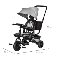 HOMCOM Tricycle Enfant évolutif Pliable - Pare-Soleil, Canne télescopique Amovible - siège pivotant, Harnais, Arceau sécurité - Repose-Pied - 3 paniers Rangement - métal PP Gris Noir(m-3)