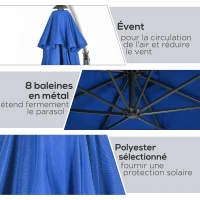 Outsunny Parasol déporté octogonal inclinable rabattable diamètre 3 m parasol de jardin avec pied en croix bleu(m-6)