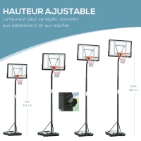 HOMCOM Panier de Basket extérieur avec poteau panneau, base de lestage sur roulettes hauteur réglable 2,55 - 3,05 m (panier) usage intérieur extérieur noir blanc(m-4)