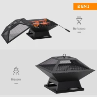 Outsunny Brasero Exterior de Acero Pozo de Fuego para Jardín Multifuncional con Protector de Chispas y Atizador 45x45x34cm Negro(m-5)