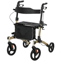 HOMCOM Folding Rollator with Cane Holder, Adjustable Handle Height and Aluminum Frame, 4 Wheeled Mobility Walker with Seat and Bag, Gold(m-11)